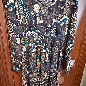 H&M Blue and Brown V-Neck Sundress with Bishop Sleeves